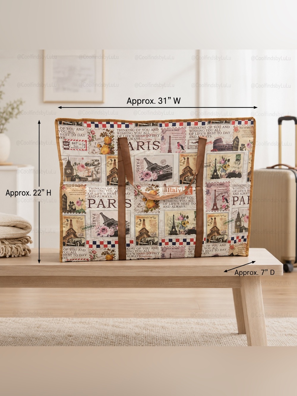 Large Paris Print Zipped Plastic storage Tote Bag with Brown Straps